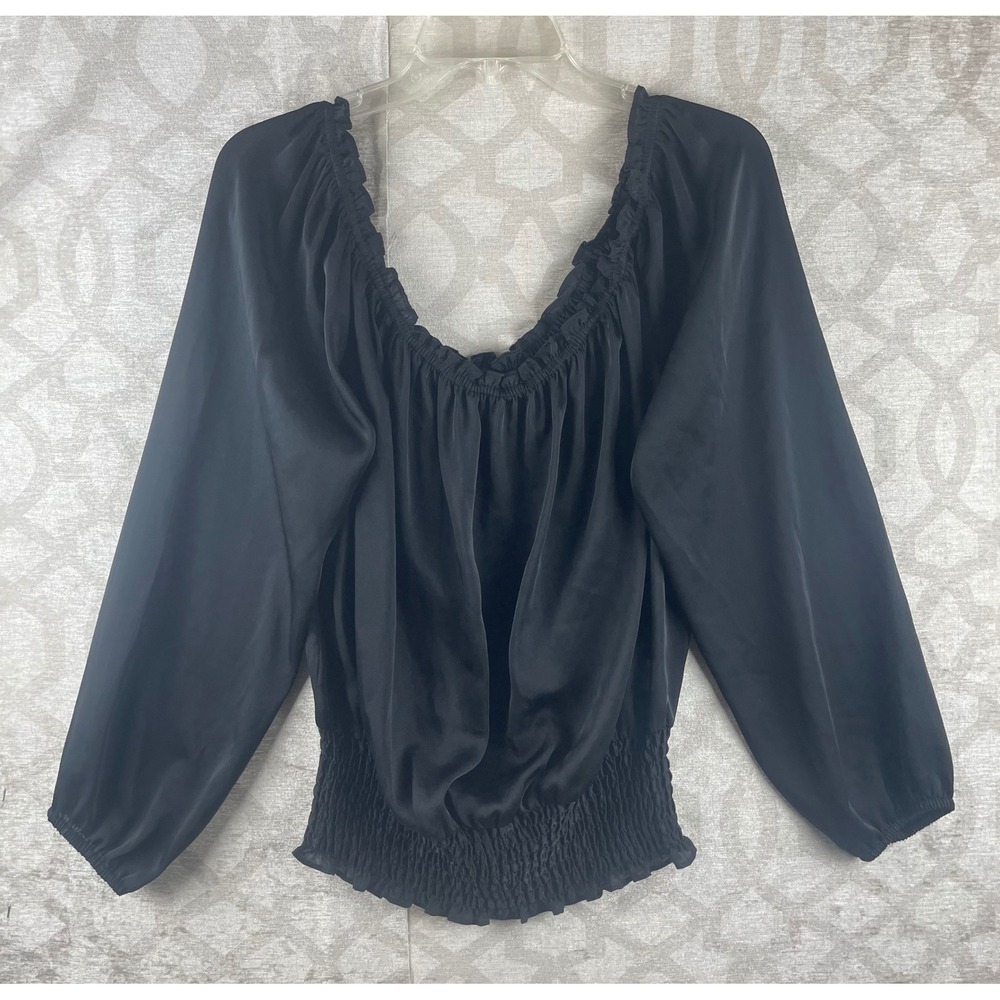Michael Kors Smocked Waist Women Medium Black Off-Shoulder Ruffle Blouse